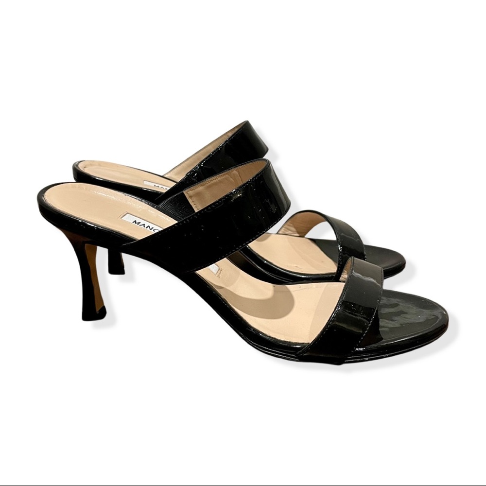 Manolo Blahnik Angufac 70 Black Patent Leather Double Strap Mule Heeled Sandals